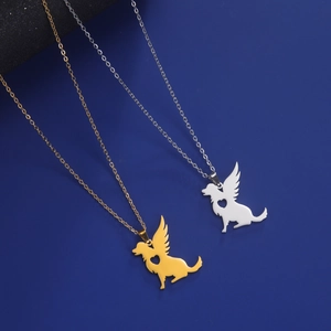 Collier Pendentif Chien Ange En Acier Inoxydable Minimaliste Coeur Évidé Silhouette Chien Ailé Bijoux Commémoratifs Pour Hommes Femmes Or Argent