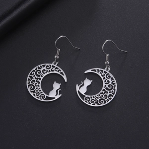 Vintage Stainless Steel Moon Cat Drop Earrings Hollow Filigree Kitten Pendant Ear Hook Fashion Jewelry For Women Gift