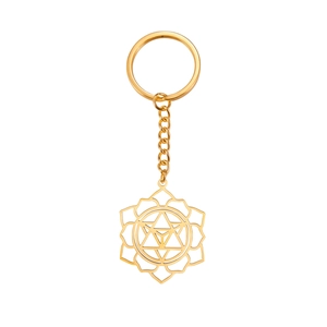 Golden stainless steel mandala pendant with hollow Merkaba flower design on keychain