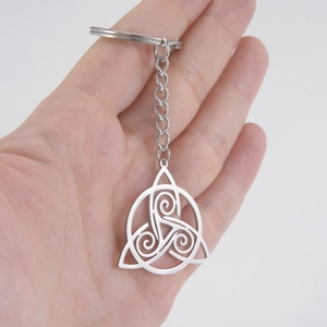 Polished stainless steel keychain with cutout Celtic Triskele knot pendant and ring