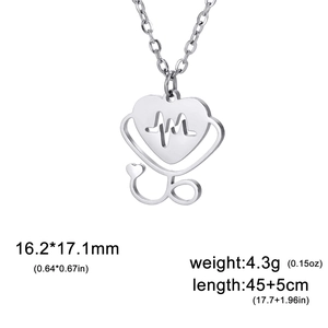 Polished silver heart stethoscope necklace with EKG pattern pendant in stainless steel