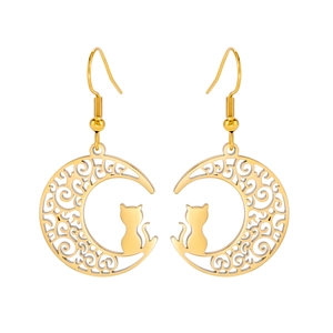 Golden titanium steel drop earrings featuring moon and sitting cat silhouette design
