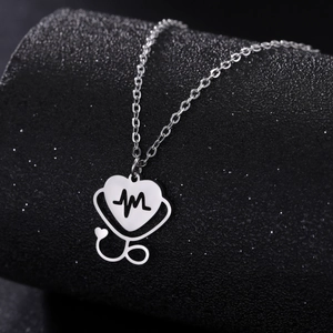 Minimalist stainless steel stethoscope heart pendant necklace with heartbeat line pattern