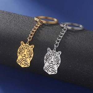 Porte-clés Pendentif Tête de Tigre Ajouré en Acier Inoxydable Punk Minimaliste Bijoux de Voiture pour Hommes Femmes Cadeau
