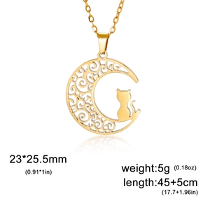 Detail view of cat on moon pendant with 23x25.5mm dimensions and necklace chain specs