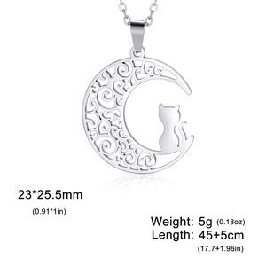 Polished stainless steel necklace featuring a cat sitting on a crescent moon pendant