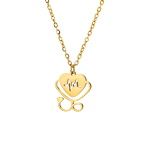 Polished gold stainless steel stethoscope heart pendant necklace on white background