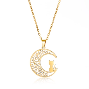 Gold stainless steel crescent moon and cat pendant necklace on a clean white background