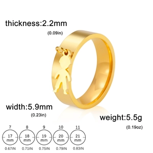 Detail view of 18K gold plated steel ring featuring a small boy charm with dimensions