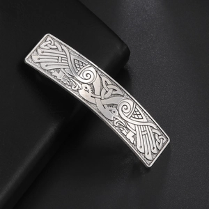 Vintage silver hair clip with Celtic knot and Viking bird patterns on black leather