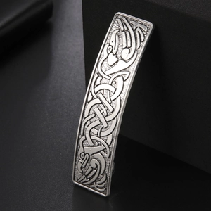 Vintage silver alloy hair clip with embossed Nordic eagle and Viking knot patterns