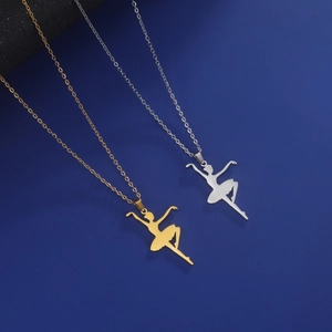 Collier élégant avec pendentif danseuse de ballet en acier inoxydable doré et argenté