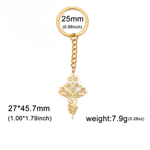 Détails du porte-clés lotus unalome doré avec dimensions précises en pouces et en grammes