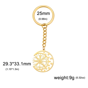 Detailed size specifications for gold Viking Compass stainless steel keychain pendant
