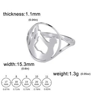 Polished stainless steel ring with a yoga pose silhouette and detailed size chart info