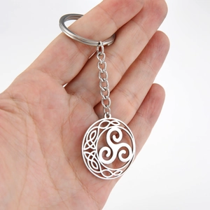 Polished stainless steel Celtic knot Triskelion keychain with metal ring and chain link