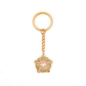 Porte-clés doré en acier inoxydable avec pendentif étoile évidée et arbre de vie