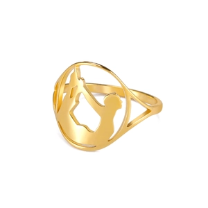 Minimalist gold stainless steel ring with laser cut yoga silhouette and polished finish