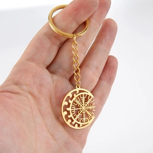 Golden stainless steel keychain featuring a Viking Vegvisir compass pendant in hand