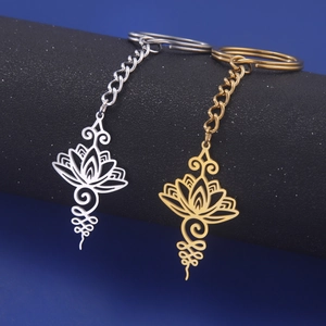 Vue détaillée des pendentifs lotus évidés sur porte-clés en finitions argent et or