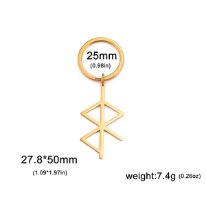 Detail view of gold stainless steel keychain with Berserk mark rune pendant and dimensions