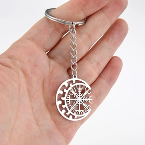 Minimalist stainless steel keychain with Viking compass pendant held by hand on white backdrop
