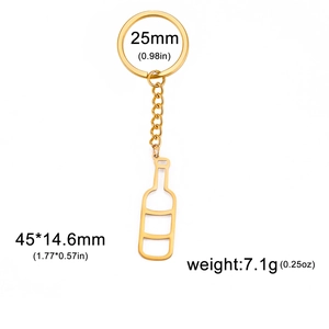 Detailed view of golden wine bottle hollow keychain with dimensions 45x14.6mm and keyring