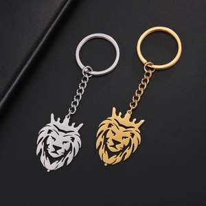 Porte-clés Tête de Roi Lion en Acier Inoxydable Avec Couronne Ajouré Punk Hip Hop Pendentif Animal Bijoux pour Hommes Femmes