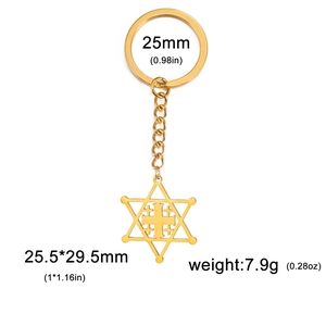 Detailed specs of gold hexagram cross pendant keychain with 25mm ring and 7.9g weight