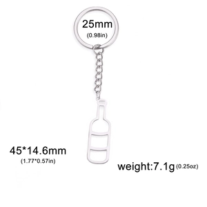 Detailed view of stainless steel wine bottle keychain with hollow design and size dimensions