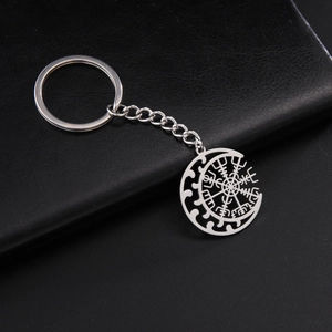 Detailed close-up of a silver stainless steel Viking compass keychain on black leather