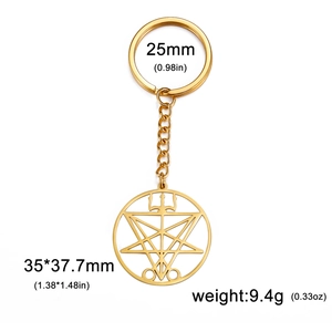 Detailed view of Sigil of Lucifer keychain in polished gold stainless steel with dimensions