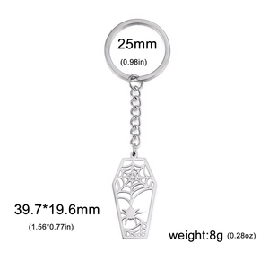 Porte-clés gothique en acier inoxydable avec pendentif cercueil et motif de toile d'araignée