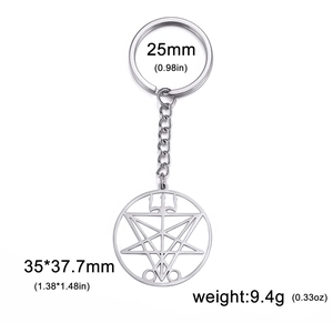 Titanium steel keychain with Sigil of Lucifer geometric pendant on white background