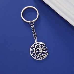 Polished silver stainless steel keychain featuring a Viking Vegvisir and crescent moon design