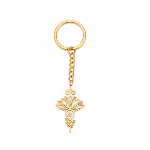 Porte-clés en acier inoxydable doré avec pendentif fleur de lotus et symbole Unalome