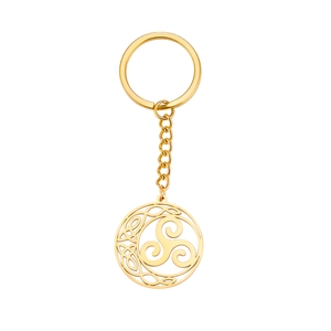 Golden Celtic Triskelion knot stainless steel keychain with circular hollow pendant
