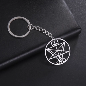 Detailed close-up of a silver stainless steel Sigil of Lucifer keychain on a black background
