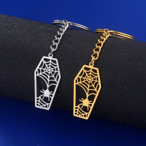 Porte-clés cercueil gothique avec toile d'araignée en acier inoxydable or et argent