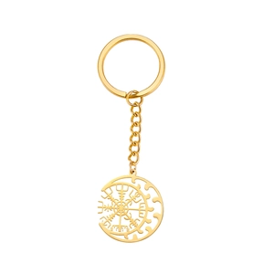 Golden stainless steel keychain with Viking compass and crescent moon cutout charm