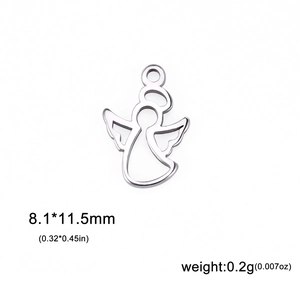 Minimalist stainless steel hollow angel pendant with size dimensions and weight info