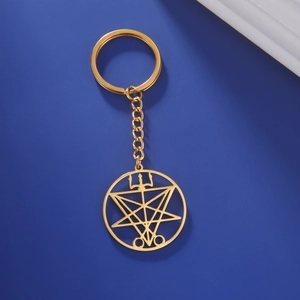Detailed close-up of golden stainless steel Sigil of Lucifer pendant keychain