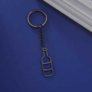 Detail of creative hollow wine bottle keychain in gun black finish with metal ring