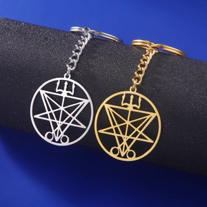 Macro detail of geometric sigil pendants in gold and silver finish on a display