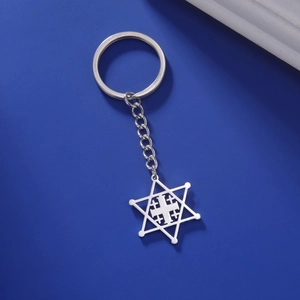 Close-up of polished stainless steel hexagram and Jerusalem cross charm keychain