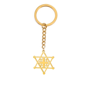 Gold stainless steel keychain with hexagonal star and Jerusalem cross pendant charm