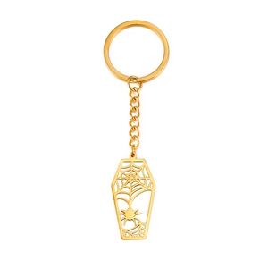 Porte-clés cercueil en acier inoxydable doré avec motif d'araignée et de toile