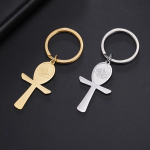 Stainless Steel Egyptian Ankh Cross Keychain With Lotus Flower Pattern For Women Men Ancient Life Symbol Key Ring Gift