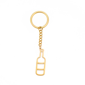 Minimalist gold-plated stainless steel hollow wine bottle pendant keychain on white background