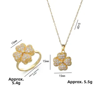 Gouden vierbladig klaver sieradenset met ketting en verstelbare ring voor dames